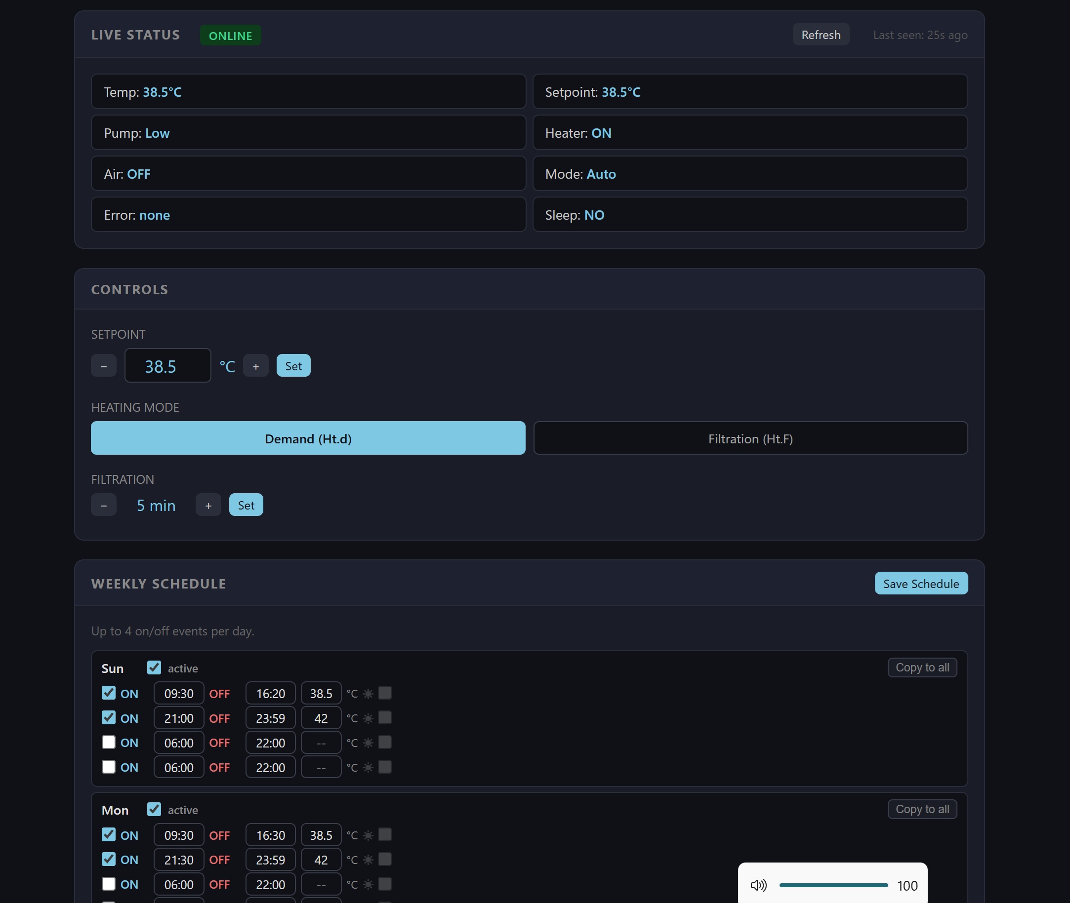 Spa-Control web app interface