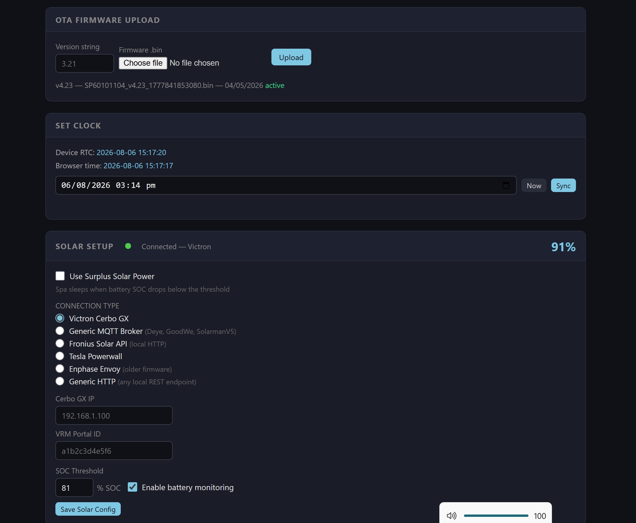 Spa-Control web app interface